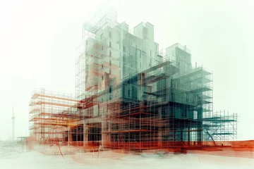 Fotobehang A photo of a substantial building surrounded by scaffolding, depicting ongoing construction work, Architectural developments depicted through double exposure of building sites, AI Generated © Ifti Digital