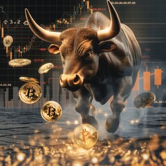 Bull on stock market exchange background. Crypto Bull Market