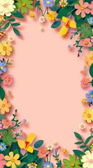 Fototapeta premium Floral patterns around edges. Beautiful background with delicate plants blooming at edges on white backdrop. Horizontal border with pastel spring summer flowers