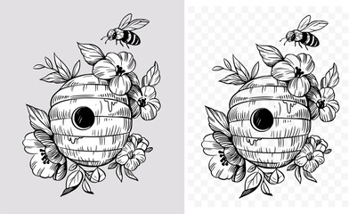 Bee hive, vector sketch illustration, hand drawn, black outline, tattoo design, coloring list