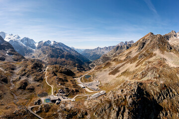 Sunsten Pass, Switzerland: Aerial panorama of the Susten pass mountain between the cantons of Bern and Uri with the Stein glacier in the alps in summer in Switzerland - obrazy, fototapety, plakaty