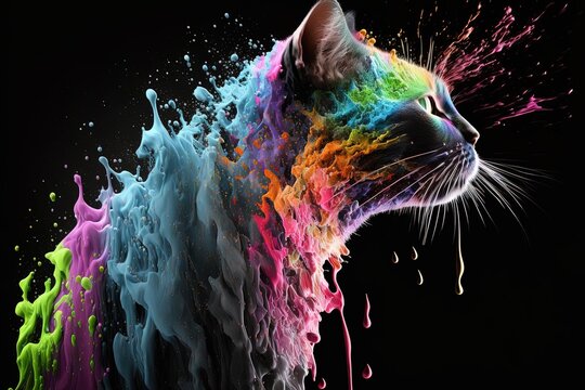 Colorful Painted Cat Close-Up - Airbrushed Furry Art with Spectacular Splatter Explosion and 3D Detail