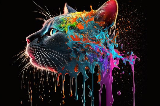 Colorful Dripping Splashes on Painted Cat Head Close-Up - Stunning Art Wallpaper