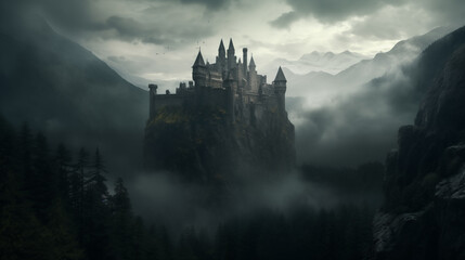 Background for a scary fairy tale background, a dark gothic castle in a dark dead valley, some kind of gray place in a gloomy area of a mountainous region - obrazy, fototapety, plakaty