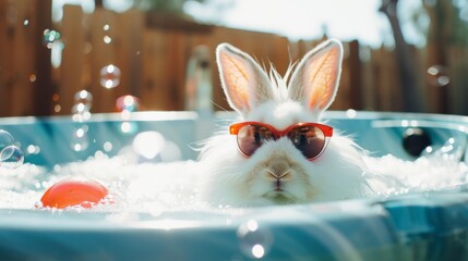 Playful White Rabbit Relaxing in a Hot Tub: Vibrant and Energetic Afternoon Scene