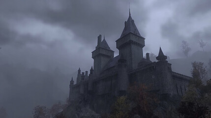 Background for a scary fairy tale background, a dark gothic castle in a dark dead valley, some kind of gray place in a gloomy area of a mountainous region