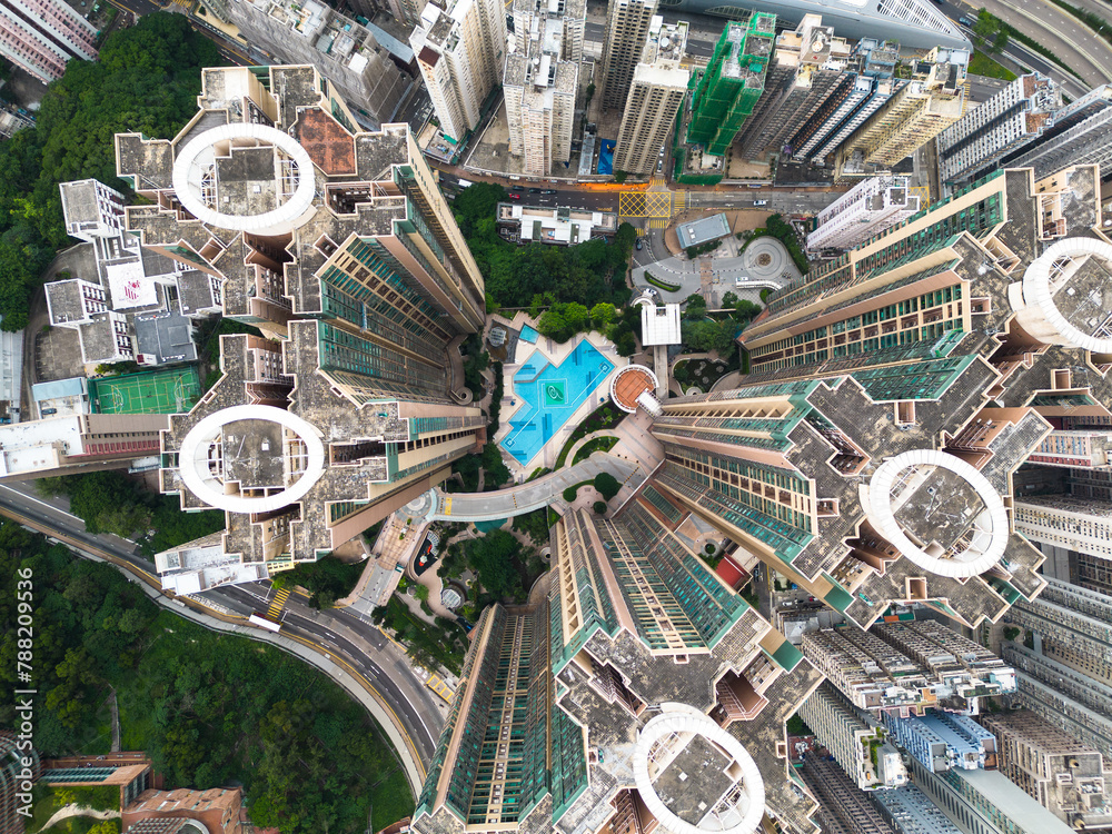 Wall mural Hong Kong: Overhead view of tall condominium tower in the Kennedy town part of Hong Kong island - Wall murals
