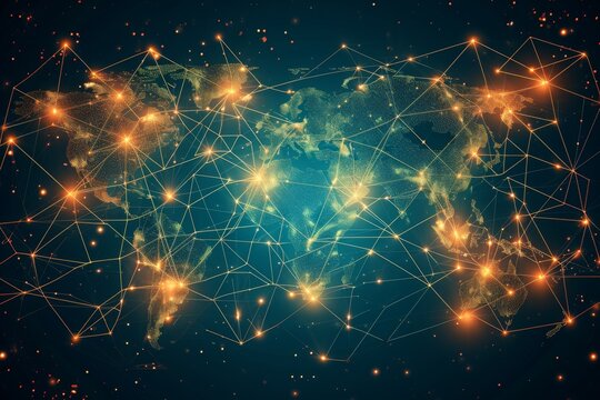 A detailed map of the world displaying numerous illuminated cities, showcasing the global presence of urban centers, Artistic image of the world map showing global networking, AI Generated