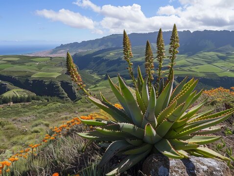 Aloe vera plants on a hillside with terraced fields