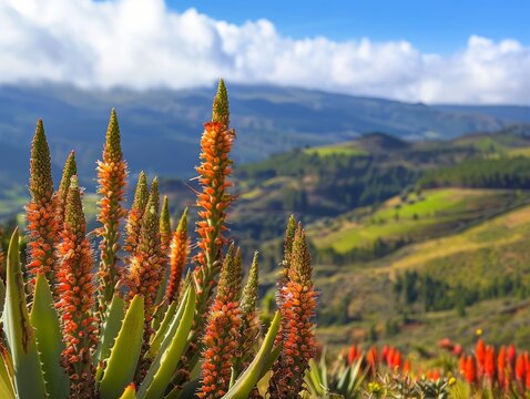 Aloe vera plants on a hillside with terraced fields