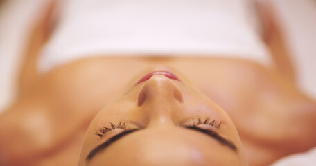 Spa, treatment and face massage for female, closeup and relax for stress relief. Skincare, beauty...