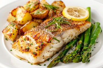 A mouth-watering plate of grilled cod fillet, garnished with a lemon slice, accompanied by roasted potatoes 