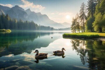 Serene Alpine Lake: A scenic view of crystal-clear waters, lush greenery, and majestic mountains reflecting in the tranquil lake under a summer sky. - Powered by Adobe