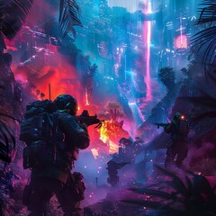 A dramatic image of a human and a cyborg reconnaissance team conducting a dangerous mission behind enemy lines in a neon-lit jungle warzone, with explosions and gunfire in the distance