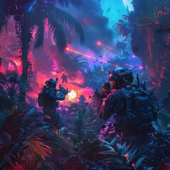 A dramatic image of a human and a cyborg reconnaissance team conducting a dangerous mission behind enemy lines in a neon-lit jungle warzone, with explosions and gunfire in the distance - obrazy, fototapety, plakaty