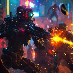A striking image of a cyborg warrior protecting a group of vulnerable humans from enemy fire in a neon-lit warzone, with explosions lighting up the scene