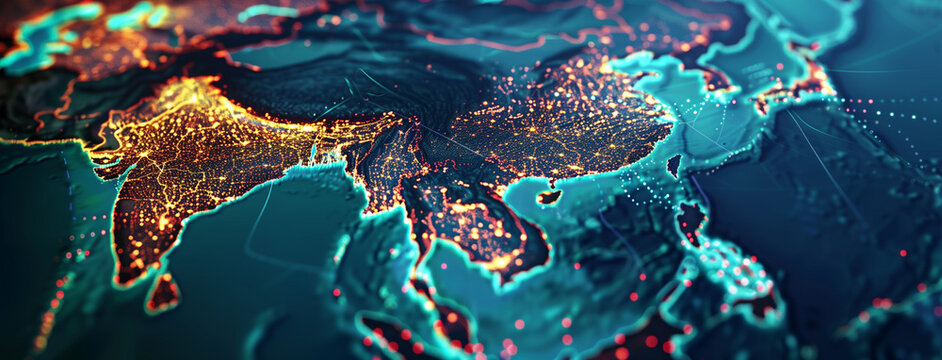 Digital map of Asia, world map overlays a dark, intricate circuit board, symbolizing global connectivity and technology, Communications network map of the world,  global network, Ai 