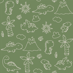 Cute dinosaurs and tropic plants. Funny cartoon dino seamless pattern. Hand drawn vector doodle design for kids. Hand drawn children's pattern for fashion clothes, shirt, fabric. Funny cartoon dino