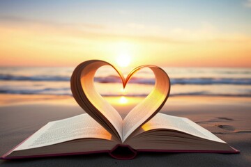 Heart shaped book pages on the background of sunset over sea, love concept for Valentine's Day or...