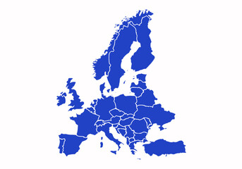 Mapa azul de Europa en fondo blanco.