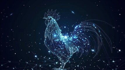 Abstract image of a new year rooster in the form of a starry sky or space, consisting of points, lines, and shapes in the form of planets, stars and the universe. AI generated - obrazy, fototapety, plakaty