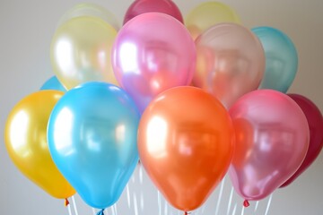 A bunch of brightly colored balloons effortlessly float in the air against a blue sky backdrop, Assorted latex balloons for a surprise birthday party, AI Generated