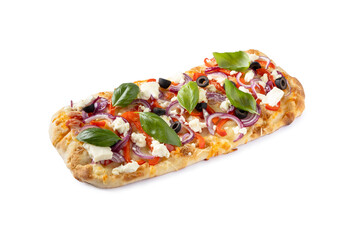 Traditional Roman pinsa with feta cheese, peppers and black olives. - 788210798