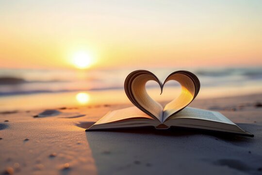 Heart shaped book pages on the background of sunset over sea, love concept for Valentine's Day or valentine day celebration. Love stories book against sea beach