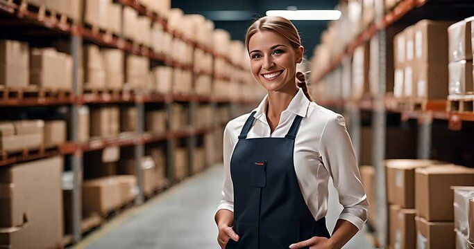 Smiling woman in warehouse with apron