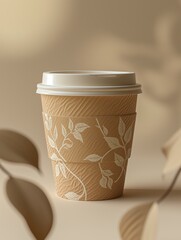 Coffee or tea cup, packaging cover design light delicate brown-beige color, delicate texture, graphic design, floral patterns