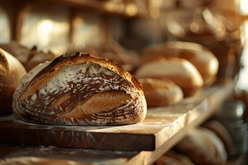 Zelfklevend Fotobehang Artisanal bread with flour dust on a wooden board, backlit by warm sunlight in a rustic bakery.. Freshly baked bread on wooden table in bakery shop, closeup. © vachom