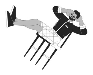 Carefree man balancing on chair black and white 2D line cartoon character. Black guy resting isolated vector outline person. Enjoying free time and laziness monochromatic flat spot illustration