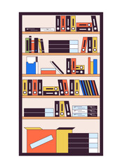 Bookcase filled with folders and boxes 2D linear cartoon object. Office shelving unite with supplies isolated line vector element white background. Interior design color flat spot illustration