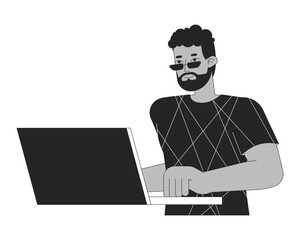 African american man using laptop black and white 2D line cartoon character. Black guy in sunglasses at computer isolated vector outline person. Surfing internet monochromatic flat spot illustration