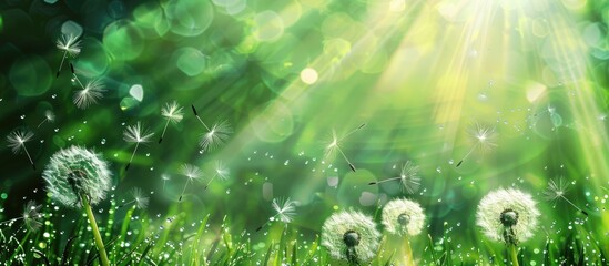 Dandelion seeds are being carried by the morning sunlight over a vibrant green scenery.