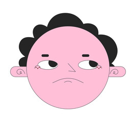 Round face disappointed 2D linear vector avatar illustration. Annoyed rolling eyes cartoon character face. Sarcastic displeased portrait. Upset irritated flat color user profile image isolated