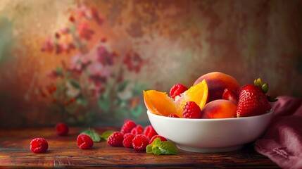 A bowl of fruit with raspberries and peaches.