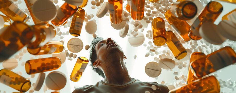 person surrounded by prescription pill bottles and empty alcohol containers.