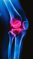 Blue x-ray photograph of knee pain, pain glows red. Trauma concept. Medical checkup. Generative AI