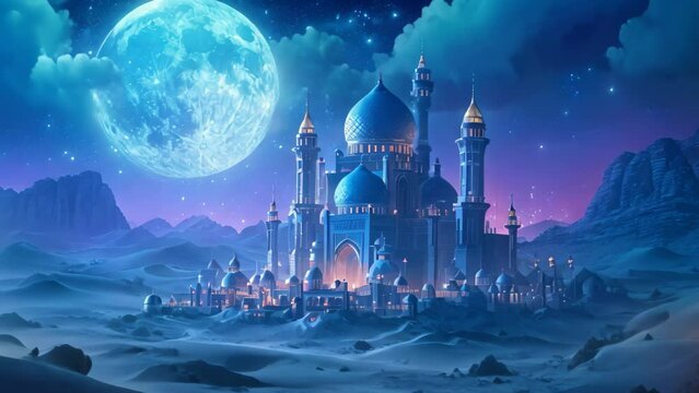 A realistic painting featuring a desert with a prominent moon shining in the sky, creating a serene ambiance, Extravagant palace glistening under the full moon in an Arabian desert