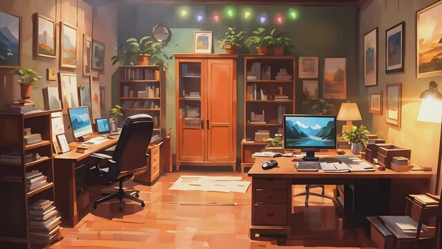  Wooden room office interior for work from home. Cartoon or anime watercolor painting illustration style. seamless looping virtual video animation background.