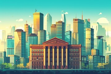 This photo depicts a painted representation of a cityscape featuring towering buildings and urban development, Banks and banking institutions skyline, AI Generated