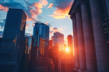 A photo capturing the sun setting over a city, illuminating the tall buildings with a warm golden light, Banks and banking institutions skyline, AI Generated