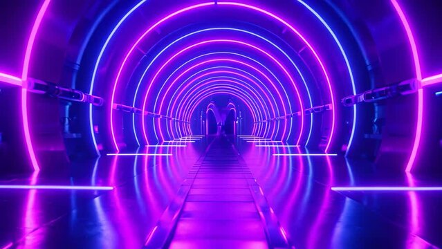 This photo showcases a tunnel adorned with neon lights, radiating a vibrant display of colors, Eye-catching use of neon lights in a futuristic, abstract arena