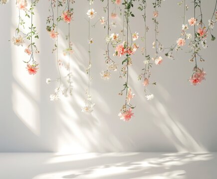 Pink and white flowers on a white wall