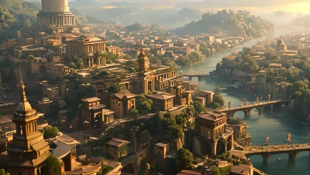 This photo depicts a detailed painting of a bustling city nestled amidst towering mountains, Fantasy city inspired by ancient Rome