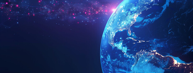 Fototapeta na wymiar Blue planet earth in space, Digital world globe centered on North America, concept of North America global network and connectivity, data transfer and cyber technology, Ai