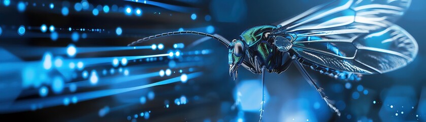 Insects, often overlooked, are magnified by holograms that detail their complex structures and behaviors, providing a new perspective, closeup - obrazy, fototapety, plakaty