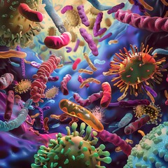Probiotic bacteria interacting with intestinal cells, illustrating their beneficial effects Depicting the mechanism of action of probiotics in the gut. - obrazy, fototapety, plakaty