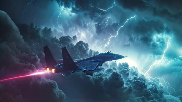 A fighter jet fearlessly navigates through a storm-filled sky, braving turbulent winds and lightning strikes, Fighter plane soaring above the lightning storm
